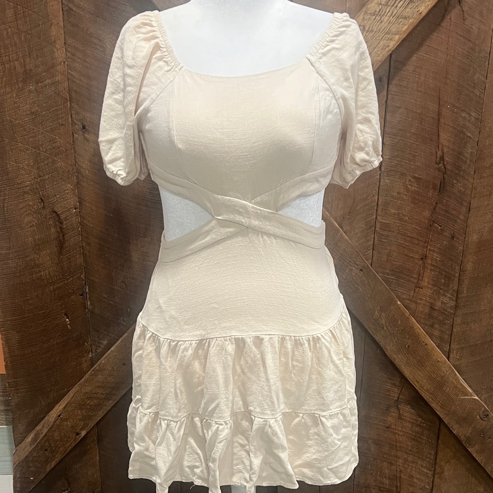 Heyson Ivory Puff Sleeve Cutout Mini Dress Boho Ruffle M